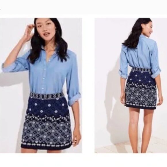 LOFT Skirt Women's Size 6 Navy Embroidered Skirt‎ Lined Mini Classic Chic - Picture 4 of 15